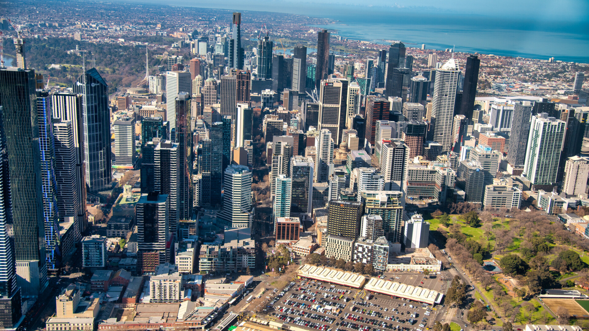 MELBOURNE, AUSTRALIA - SEPTEMBER 8, 2018: Aerial view of city central business district from helicopter