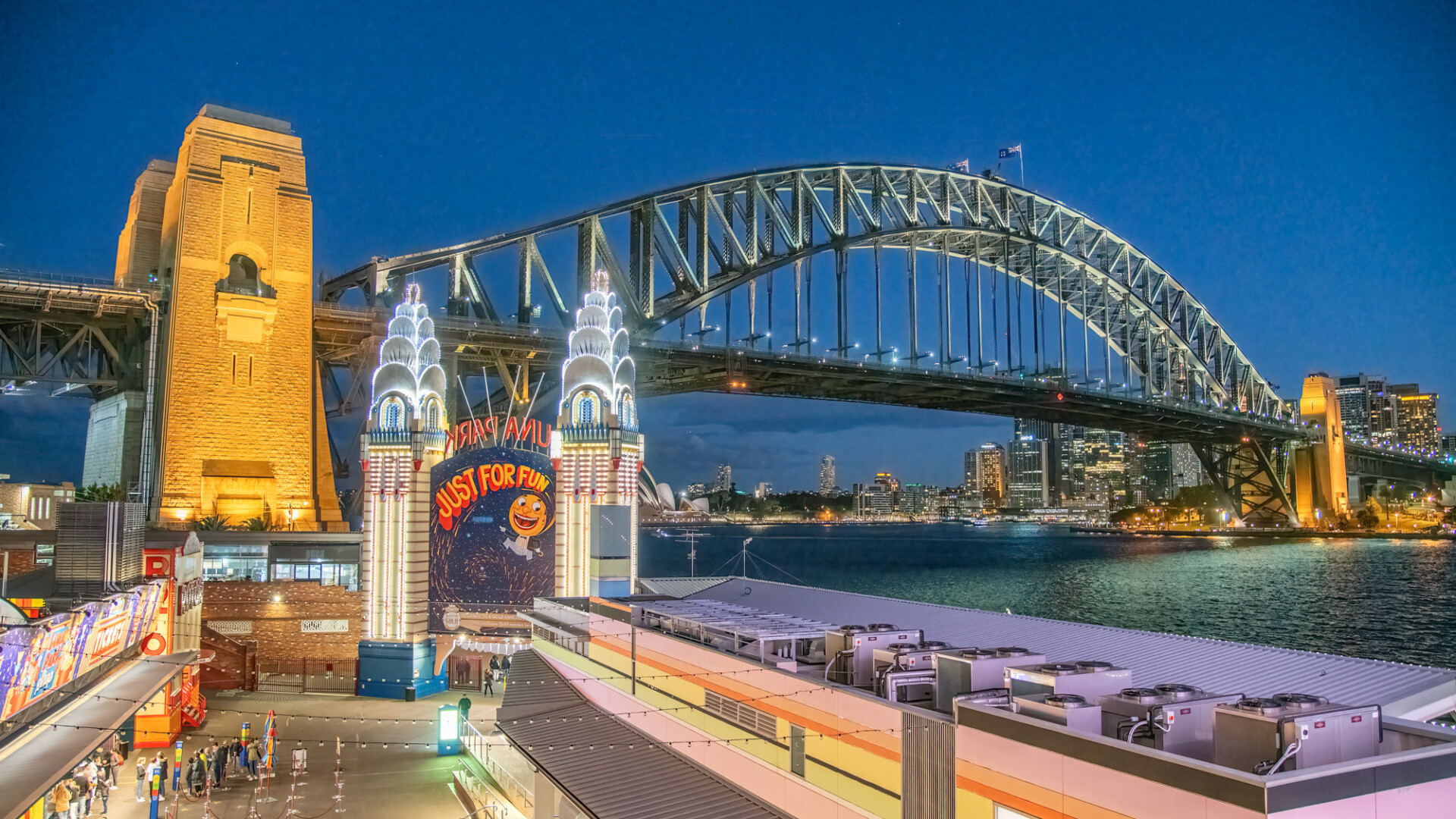 SYDNEY, AUSTRALIA - AUGUST 18, 2018: Sydney Luna Park is a major attraction in the harbourside suburb of Milsons Point, view at night