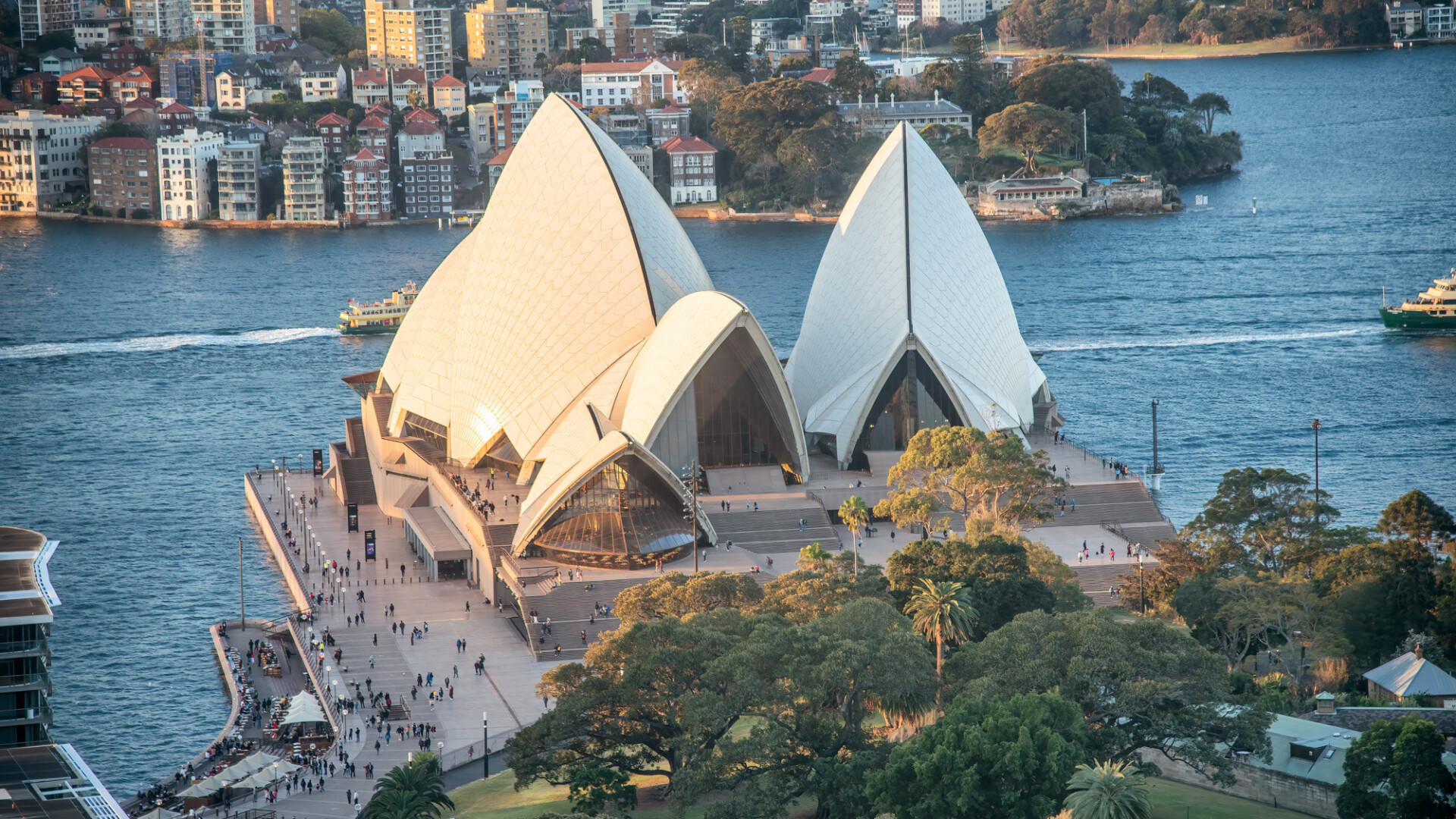 SYDNEY, AUSTRALIA - AUGUST 20, 2018: Aerial view of Sydney Opera House on a beautiful sunny afternoon