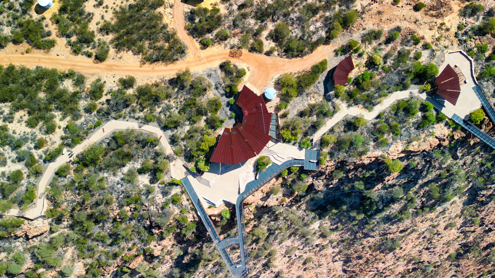 Breathtaking bird's-eye view of Kalbarri Skywalk overlooking the rugged canyon in Western Australia.