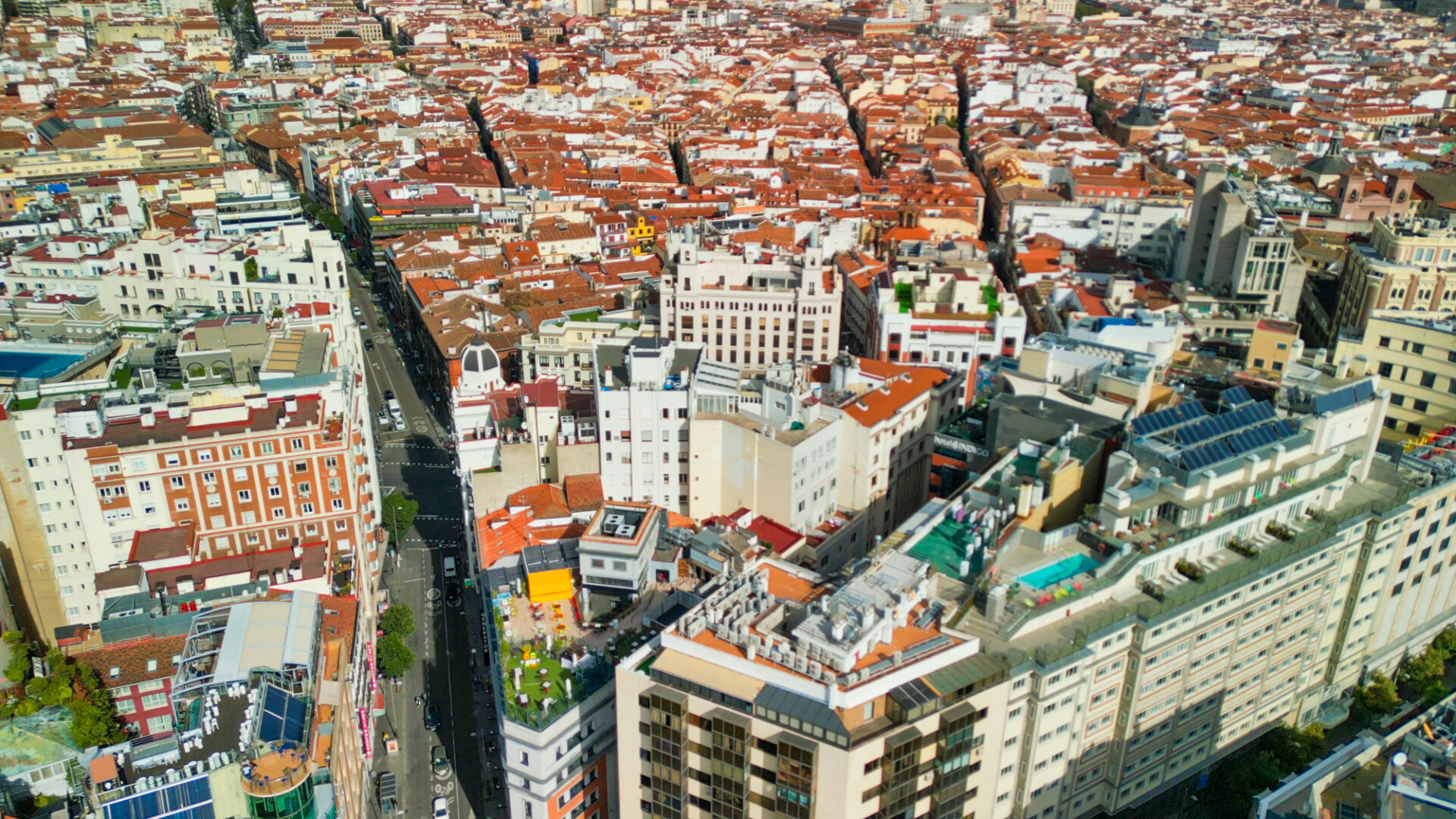 Madrid, Spain - October 29, 2022: Aerial view of city center. Buildings and main landmarks on a sunny day.