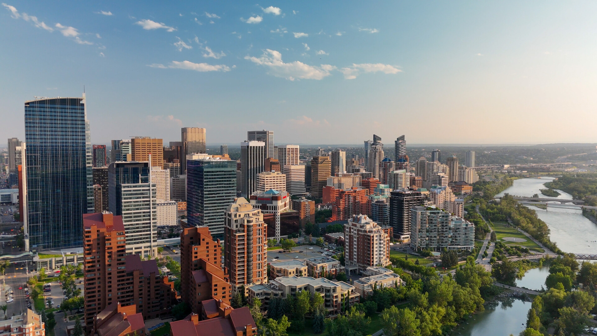 Calgary, Alberta - July 10, 2024: Aerial view of Calgary skyline on a beautiful summer sunset, Alberta - Canada.