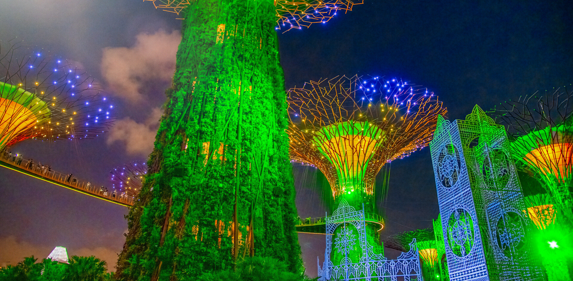 SINGAPORE - JANUARY 1ST, 2020: Garden Rhapsody light shows in the Supertree Grove, Gardens By The Bay city park, located in Marina Bay area