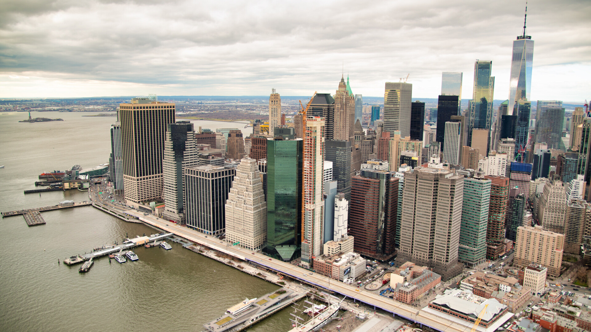 Manhattan aerial view from helicopter, New York City. Downtown from a high vantage point - New York City - NY - USA