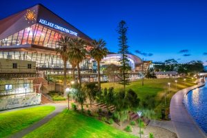 ADELAIDE, AUSTRALIA - SEPTEMBER 15, 2018: Night view of Convention Center area along the city river