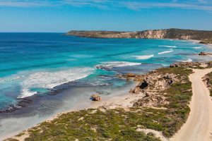 Pennington Bay is a wonderful beach in Kangaroo Island, South Australia. Aerial view from drone.
