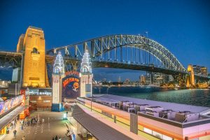 SYDNEY, AUSTRALIA - AUGUST 18, 2018: Sydney Luna Park is a major attraction in the harbourside suburb of Milsons Point, view at night