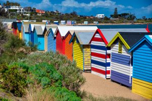 Colorful huts in Brighton Beach on a sunny morning, Australia