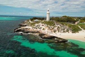Aerial view of Bathurst Lighthouse in Rottnest Island, Australia.