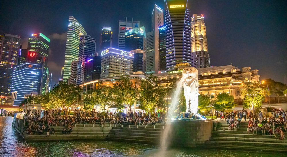SINGAPORE - JANUARY 4TH, 2020: The Merlion and city skyline in Marina Bay at night