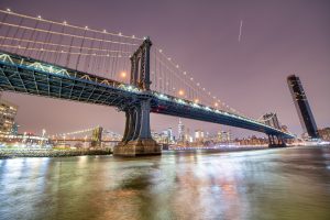 The Brooklyn and Manhattan Bridges at night from Broolyn Bridge Park, New York City in winter